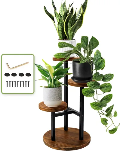 AUGOSTA - Soporte para plantas de 3 niveles, estante alto de metal y madera para exhibición en interiores y exteriores, soporte para macetas para