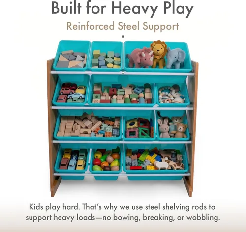 Miniatura 5 de Humble Crew Organizador de almacenamiento de juguetes para niños con 12 cubos de plástico, madera natural/aguamarina, contenedores extraíbles