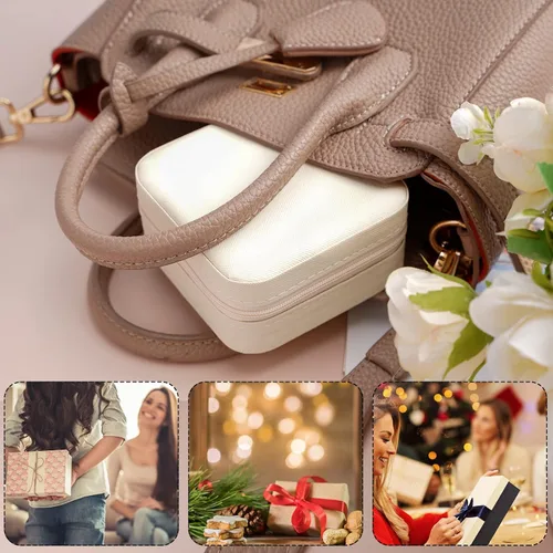 Miniatura 6 de Mini joyero portátil de viaje de cuero para joyas de anillo organizador caja de regalo de almacenamiento para niñas y mujeres (blanco).