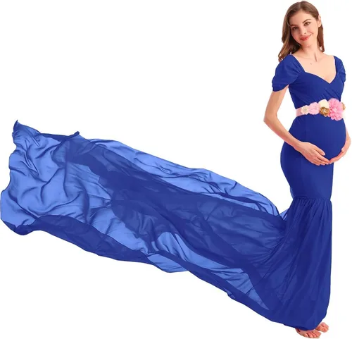 Miniatura 4 de AYMENII Vestido de maternidad de gasa con hombros descubiertos y tren largo, vestido de fotografía para boda, fiesta, fotos, vestido de baby shower