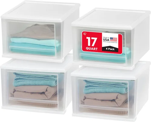 IRIS USA, Inc. Cajón apilable de 17 cuartos de galón, paquete de 4, color blanco (129899)