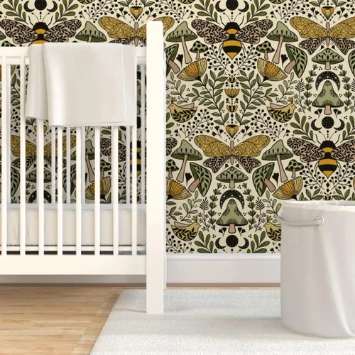 Miniatura 6 de Muestras de papel tapiz autoadhesivo - Nouveau Naturaleza Verde Amarillo Mariposa Naturaleza Bosque Plantas Art Nouveau Polilla Bohemia Abeja