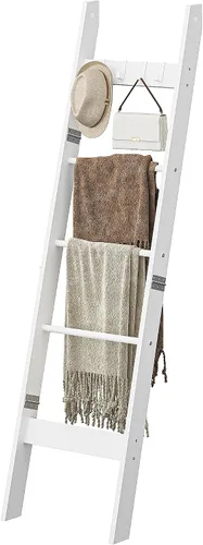 Miniatura 8 de Hzuaneri Escalera para manta para sala de estar, estante decorativo para edredón con 4 ganchos extraíbles, 5 niveles de soporte de escalera de Blanco
