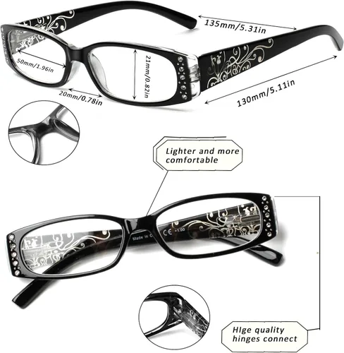 Miniatura 9 de Paquete de 5 anteojos de lectura rectangulares con bisagra de resorte, a la moda, unisex (5 combinaciones, 3.5)