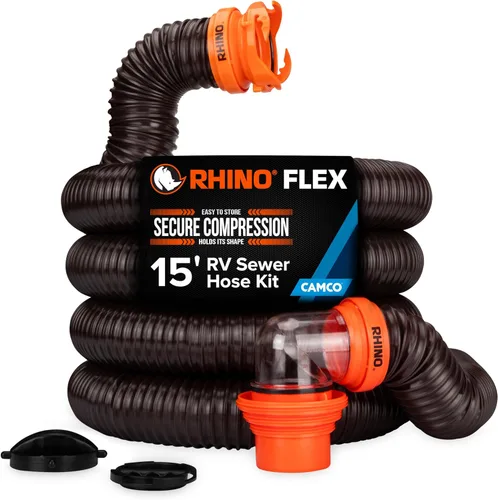 Kit de manguera de alcantarillado RhinoFLEX de Camco de 15 pies para vehículos recreativos - Incluye codo transparente con adaptador extraíble 4 en