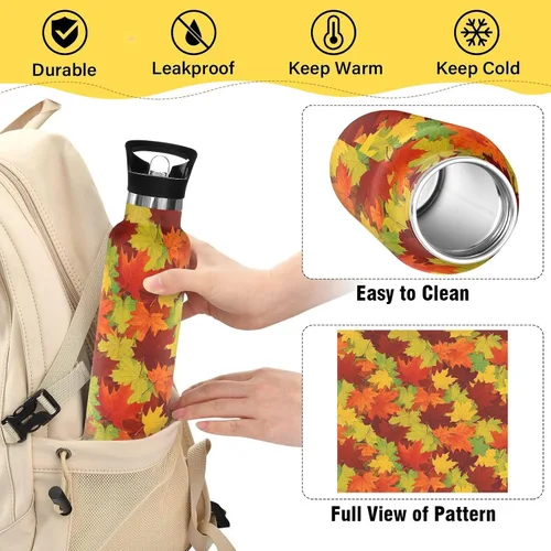 Miniatura 4 de Kids Water Bottle for School, Water Bottle Stainless Steel for Travel or School 20 Oz, BPA-Free, Autumn Leaves Orange Red