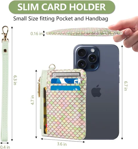 Miniatura 3 de Cartera pequeña de cuero con protección RFID de sirena para tarjetas de crédito, cartera delgada con correa para la muñeca con bolsillo