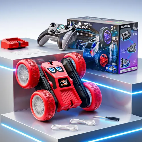 Miniatura 8 de WayEee Coche de control remoto, 360° voltea RC Stunt Car con tiras de luces LED, batería modular de carga tipo C, 2.4 GHZ de doble cara de alta Rojo