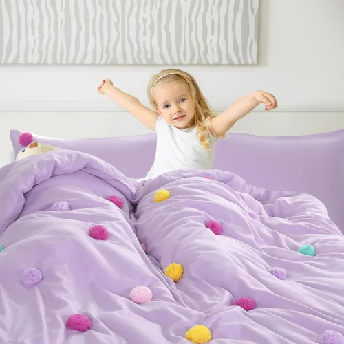 Miniatura 7 de HOMBYS - Juego de colcha con pompones para niñas, 5 piezas, estilo bohemio, para todas las estaciones, tamaño individual/individual XL, color púrpura