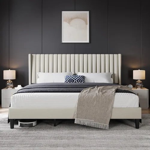 Miniatura 11 de Yaheetech - Base de cama tamaño Queen con plataforma tapizada con cabecero de tela, diseño de borde alado/Antideslizante y libre de ruido/Soporte