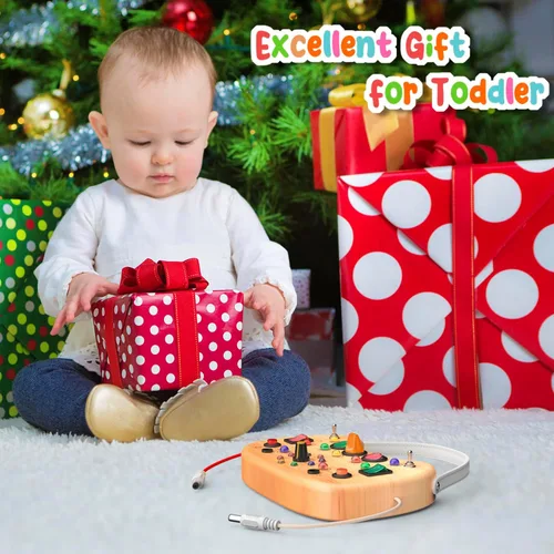 Miniatura 6 de flycoost - Tablero de actividades Montessori para niños pequeños, juguete sensorial de madera para autismo, con interruptor, 17 luces LED para niños