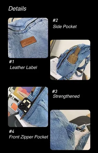 Miniatura 6 de Mochila de mezclilla para mujeres y hombres, mochila vintage estilo grunge, mochila para computadora portátil, mochila retro para viajes y trabajo