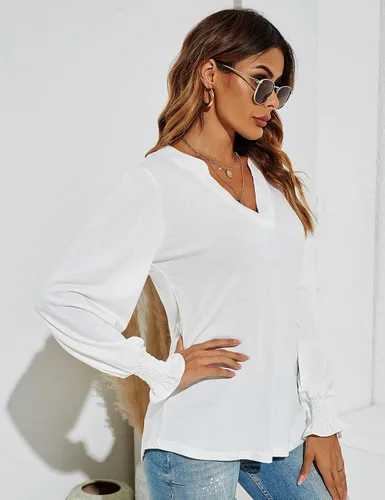 Miniatura 4 de Romanstii Camisetas casuales con cuello en V para mujer, blusas sueltas de manga larga abombada, plateado