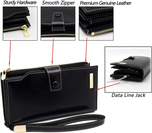 Miniatura 5 de ANDOILT Cartera de cuero genuino con bloqueo RFID para mujer, de gran capacidad, de lujo, con cera, tarjetero, organizador
