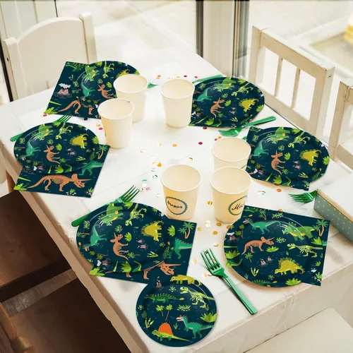 Miniatura 6 de Tevxj Juego de vajilla de dinosaurio de 96 piezas, platos desechables con temática de dinosaurios, servilletas y tenedores para decoración de fiesta