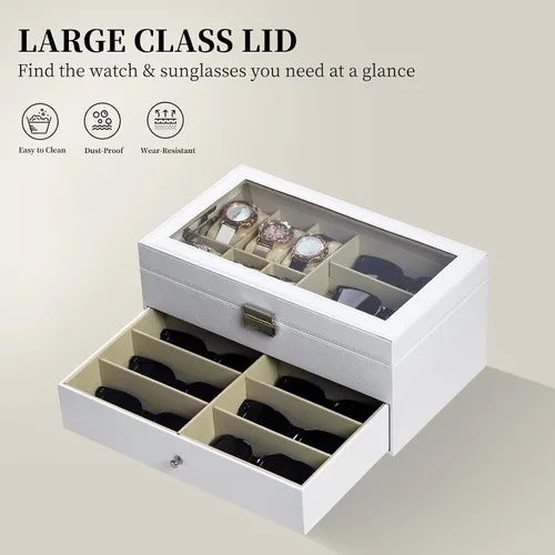 Miniatura 5 de AUTOARK AW-131 - Caja de cuero para 6 relojes, joyero y 9 piezas para guardar lentes de sol y lentes de sol, cajón organizador con cerradura