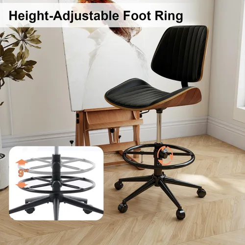 Miniatura 5 de Silla de dibujo, silla de oficina ergonómica con respaldo de madera de nogal, silla de escritorio de piel sintética sin brazos con altura ajustable
