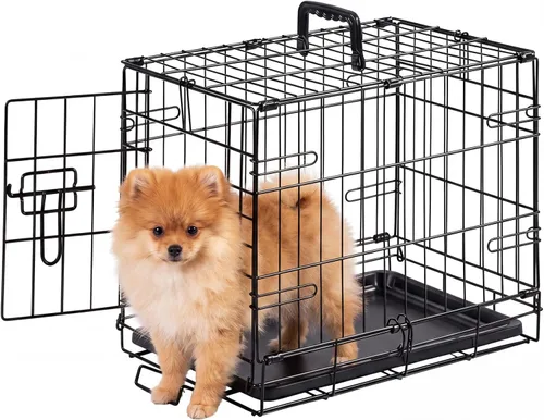 Miniatura 17 de Sweetcrispy Jaula para perros de 48 pulgadas, jaulas medianas y grandes de doble puerta plegable de alambre de metal con bandeja de plástico a