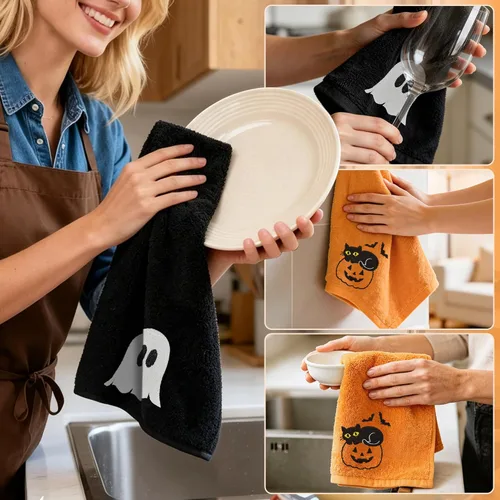 Miniatura 6 de Hexagram Halloween Hand Towels for Bathroom Set of 2, Black and Orange Halloween Bathroom Decor Embroidered Ghost Pattern, Soft Luxury Hand Towels
