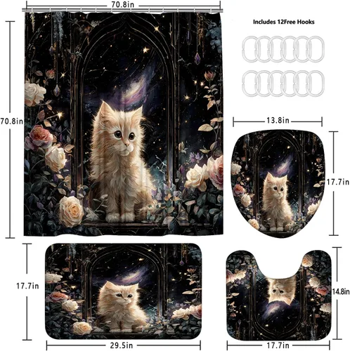 Miniatura 2 de Juego de 4 cortinas de ducha de gato con alfombras antideslizantes, cubierta para tapa de inodoro y tapete de baño, diseño de castillo rosa
