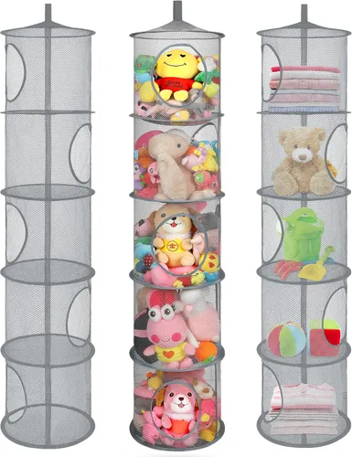 Miniatura 15 de Almacenamiento Colgante para Juguetes de Peluche, Organizador de Almacenamiento de Peluches Plegable para Rincón con 4 Compartimentos, Organizador