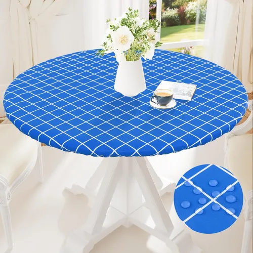 Miniatura 28 de Mantel redondo de vinilo de 36 a 44 pulgadas, mantel elástico impermeable con reverso de franela, mantel de plástico para picnic, campamento, al Café