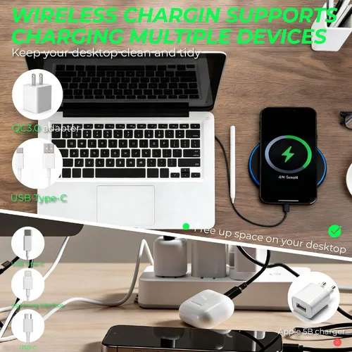 Miniatura 6 de Cargador inalámbrico rápido de 15 W, compatible con teléfonos Samsung S25/iPhone 17/Android y AirPods/Galaxy Buds, almohadilla de carga