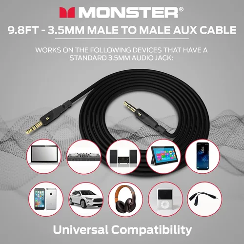 Miniatura 5 de Monster Gen1 Essentials - Cable de audio macho a macho, cable auxiliar de 9.8 pies con chaqueta Duraflex, conectores chapados en oro, cable auxiliar
