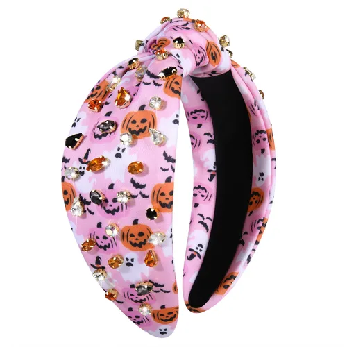 Diademas rosadas de Halloween para mujer, espeluznante fantasma, calabaza, diadema anudada, diadema ancha de cristal, accesorios para el cabello