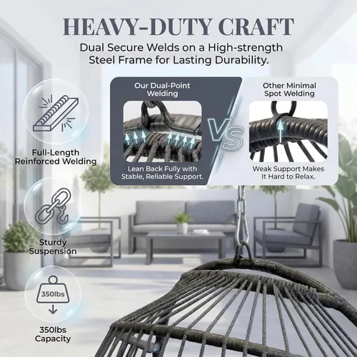 Miniatura 6 de Bulexyard Silla huevo al aire libre sin soporte, 159 kg plegable resistente al clima de ratán colgante con cojín, asiento tipo cesta mecedora Gris