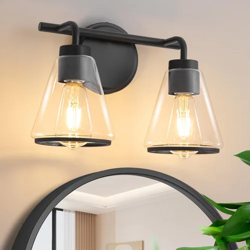 Miniatura 10 de Accesorios de iluminación de baño sobre espejo Luces de tocador doradas de 2 luces con pantalla de vidrio transparente de 14 pulgadas Luces