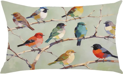 Funda de almohada decorativa rectangular de lino y algodón, diseño de acuarela, pájaros azules, marrones, otoño, otoño, hogar, sofá, silla, cama,