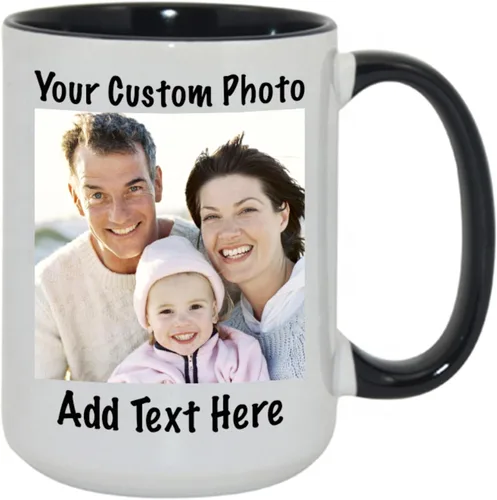 Tazas de café de cerámica personalizadas de 15 oz con texto personalizado e imagen fotográfica, regalo novedoso, personalizado con diferentes Negro