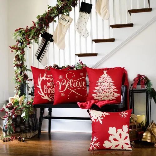 Miniatura 6 de OTOSTAR Juego de 4 fundas de almohada de Navidad de 45.7 x 45.7 cm, decoración navideña de granja, fundas de almohada de Navidad Joy Xmas Tree Let