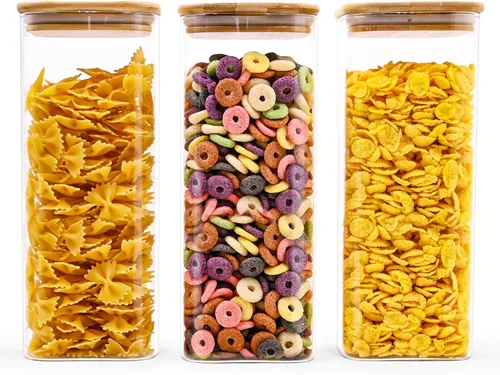 Miniatura 14 de SHOWIN Tarros de almacenamiento de pasta de vidrio de 73 onzas, tarros altos de vidrio con tapas de bambú, contenedor de espagueti, juego de 3