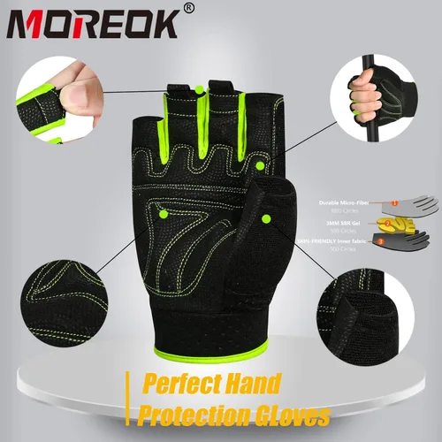 Miniatura 4 de Guantes de entrenamiento MOREOK con acolchado para levantamiento de pesas para hombres/mujeres, [Gel de 3MM] guantes sin dedos de agarre para Verde