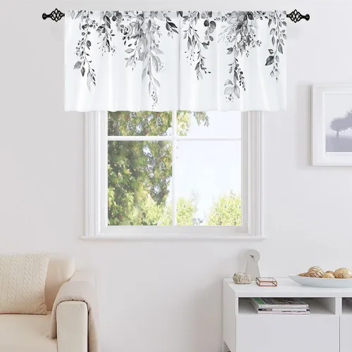 Miniatura 5 de Cortina de eucalipto negro y gris, cenefa para tratamiento de ventana, estilo bohemio, rústico, floral, bolsillo para barra, cortinas de ventana
