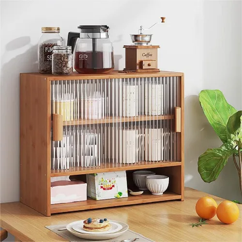 Miniatura 8 de Gdrasuya10 Armario de almacenamiento de despensa de cocina de 3 niveles, armario de despensa de bambú con 3 puertas, estante de almacenamiento