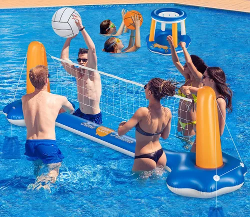 Miniatura 9 de Juego de voleibol de piscina de 118 pulgadas, cancha de voleibol inflable con 2 bolsas de peso, pelota de PVC y bomba mejoradas, divertidos