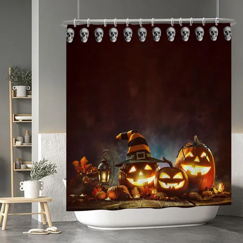 Miniatura 135 de Cortina de ducha de fantasma y gato negro para niños, 36 x 72 pulgadas, espeluznante y bonita, cortina de baño de Halloween con 6 ganchos, cortina