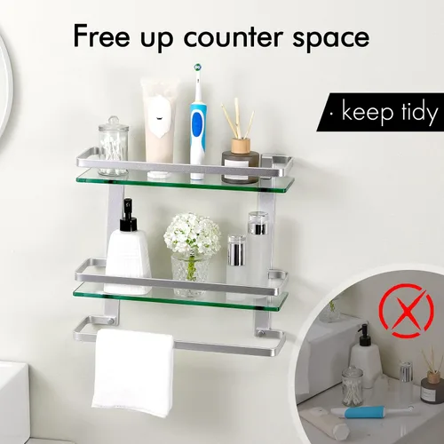 Miniatura 4 de KES Estante de vidrio templado para baño, estante de vidrio de almacenamiento de 2 niveles, rectangular con barra montado en la pared, acabado