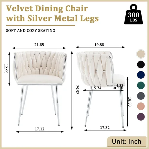 Miniatura 2 de Juego de 2 sillas de comedor de terciopelo, sillas de comedor tapizadas tejidas, sillones de ocio de lujo, sillas decorativas modernas con patas