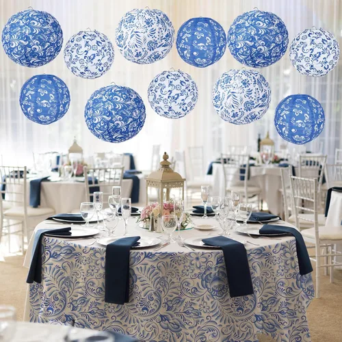 Miniatura 6 de Lonfliness 15 linternas de papel chinoiserie de 10 pulgadas y 8 pulgadas de porcelana azul y blanca colgantes, decoración de fiesta, farol redondo