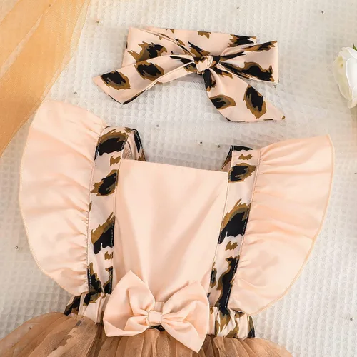 Miniatura 3 de Conjunto de 2 piezas de vestido de malla con estampado de leopardo, manga con volantes, falda con lazo y diadema, para niñas pequeñas