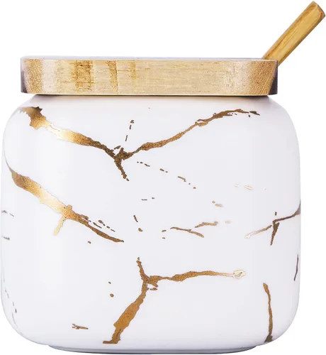 VanEnjoy Recipientes de cerámica con patrón de mármol decorativo para azúcar y especias, tarro de porcelana con tapa y cuchara de bambú, recipiente