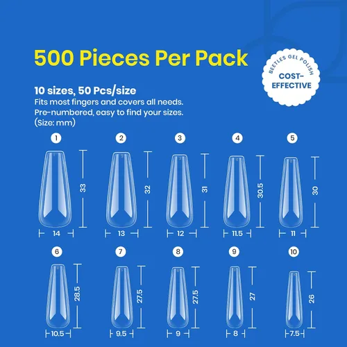 Miniatura 6 de Kit de uñas acrílicas Beetles 500 unidades, uñas postizas largas en forma de ataúd, transparentes, de cobertura completa, suaves, para extensión