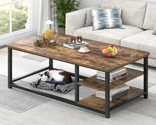 Miniatura 13 de EXCEFUR Mesa de centro negra, mesa de sala de estar de madera rústica con estante de almacenamiento, mesa central rectangular moderna, 47 pulgadas