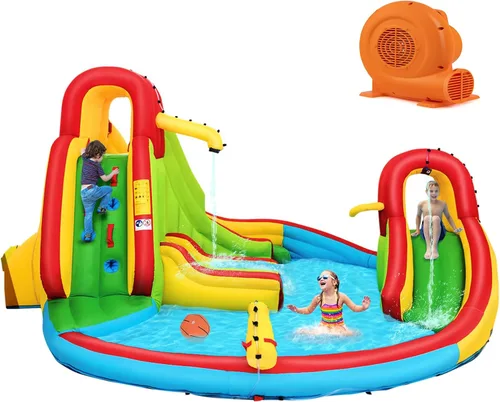 KOTEK Tobogán acuático inflable, tobogán acuático 8 en 1 con 2 toboganes, 2 paredes de escalada, piscina y cañón de agua, toboganes acuáticos