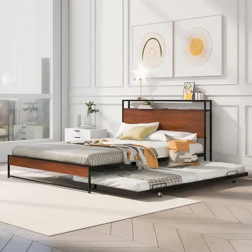 Miniatura 11 de Harper & Bright Designs Cama de plataforma matrimonial con nido y puertos USB, marco de cama matrimonial de metal con cabecera de almacenamiento