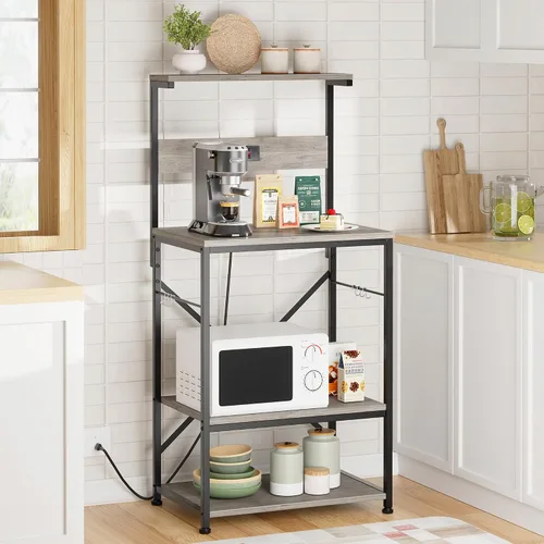Miniatura 2 de JAMFLY Estante para hornear de cocina con toma de corriente, soporte para microondas con 6 ganchos en forma de S, barra de café de 4 niveles